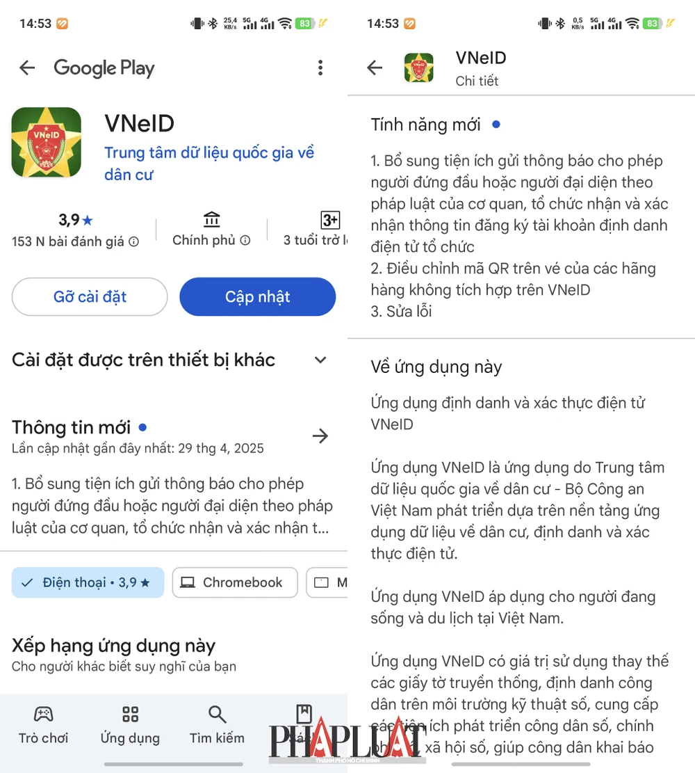 Cập nhật ứng dụng VNeID 2.1.20 thông qua Google Play hoặc App Store. Ảnh: MINH HOÀNG
