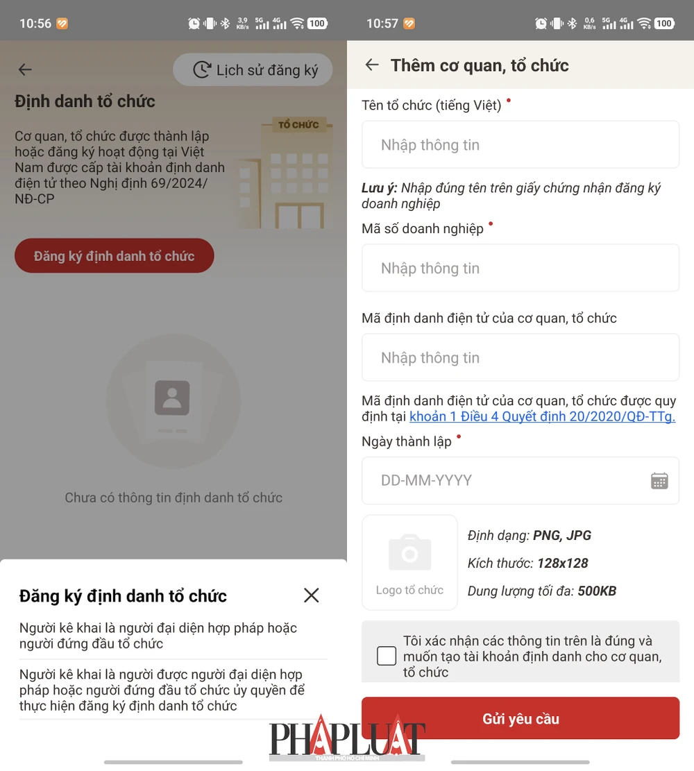 Đăng ký tài khoản định danh điện tử tổ chức trên ứng dụng VNeID. Ảnh: MINH HOÀNG