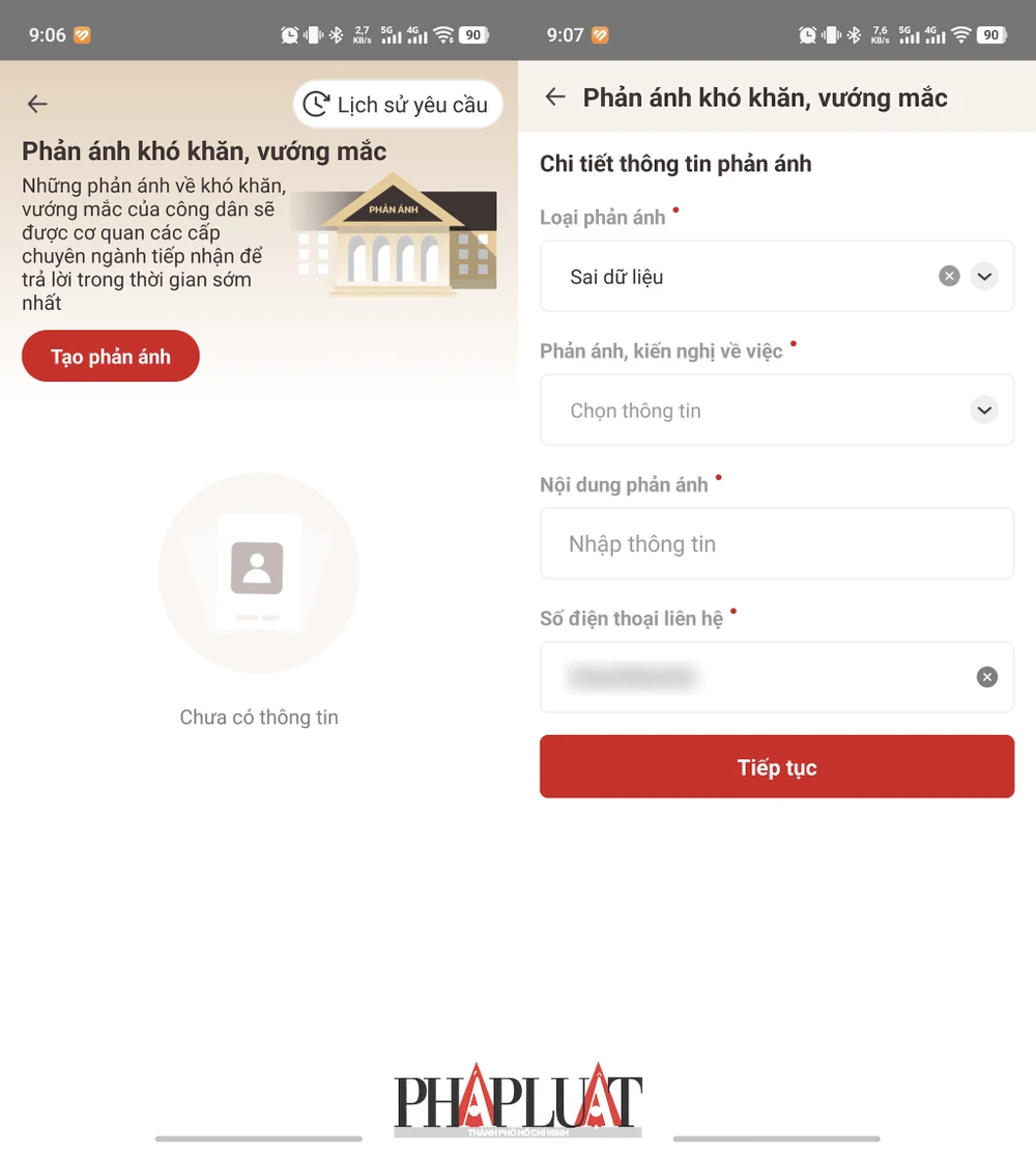 Gửi phản ánh khi thông tin trên ứng dụng VNeID bị sai. Ảnh: MINH HOÀNG