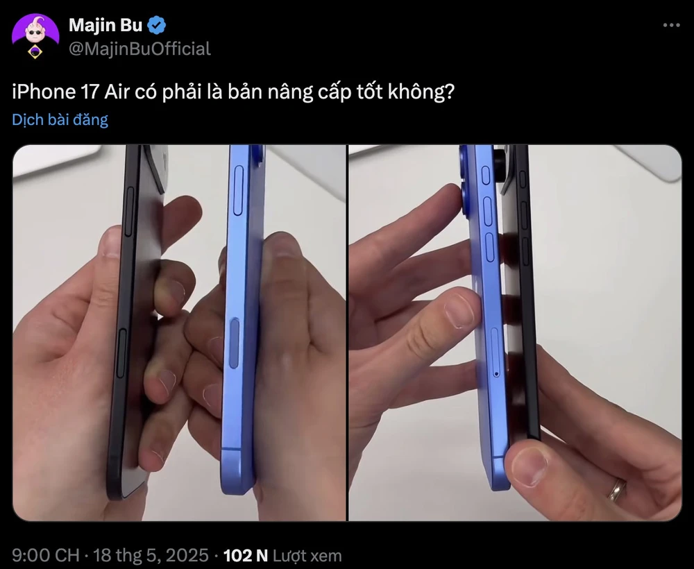 Hình ảnh rò rỉ được cho là của iPhone 17 Air khi so sánh độ mỏng với iPhone 16 Plus.
