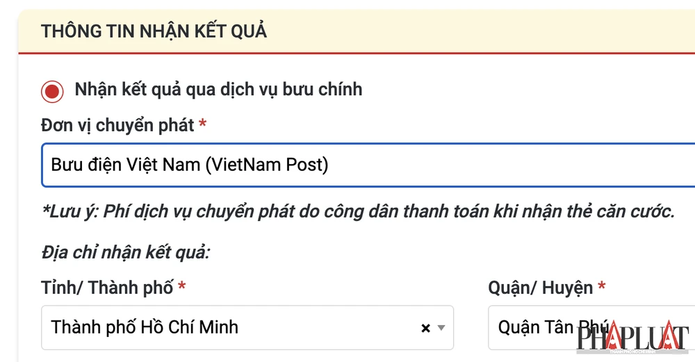 Chọn hình thức nhận thẻ căn cước ngay tại nhà. Ảnh: MINH HOÀNG