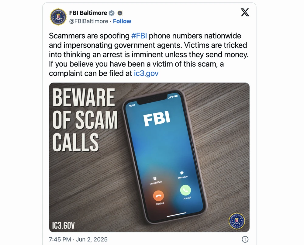 FBI cảnh báo người dùng iPhone, Android nên cảnh giác với các cuộc gọi mạo danh. Ảnh chụp màn hình