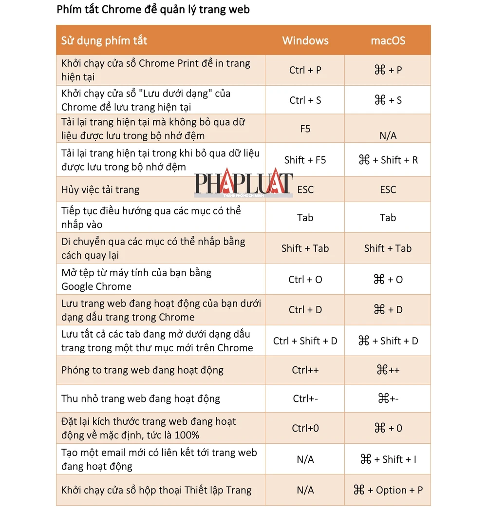 Những phím tắt để quản lý trang web trên Google Chrome. Ảnh: TIỂU MINH