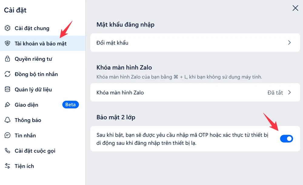 Bật tính năng Bảo mật 2 lớp cho tài khoản Zalo trên PC. Ảnh: MINH HOÀNG