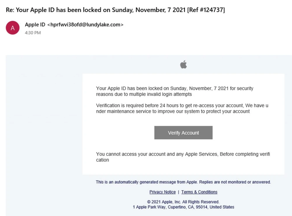 Email giả mạo Apple tấn công lừa đảo. Ảnh: Trend Micro