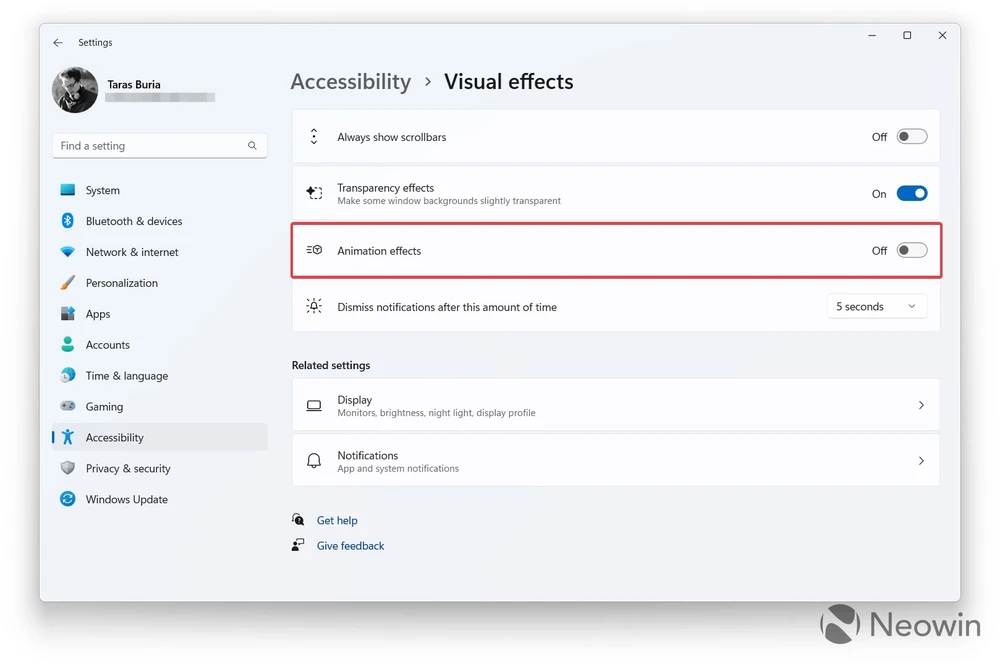 Tắt các hiệu ứng hình ảnh trên Windows 11. Ảnh: Neowin