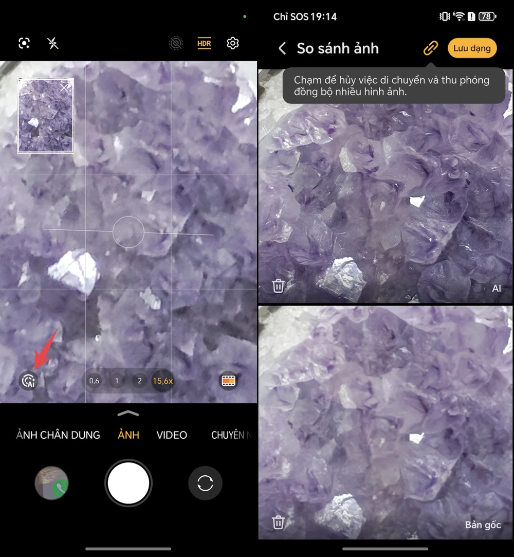 Chế độ Super Zoom AI sẽ tự động hiển thị khi người dùng phóng to hơn 15 lần. Ảnh: TIỂU MINH