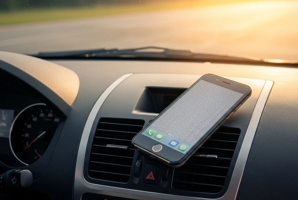 Để điện thoại trong xe hơi trong mùa hè này rất dễ gây ra tình trạng quá nhiệt. Ảnh: AI