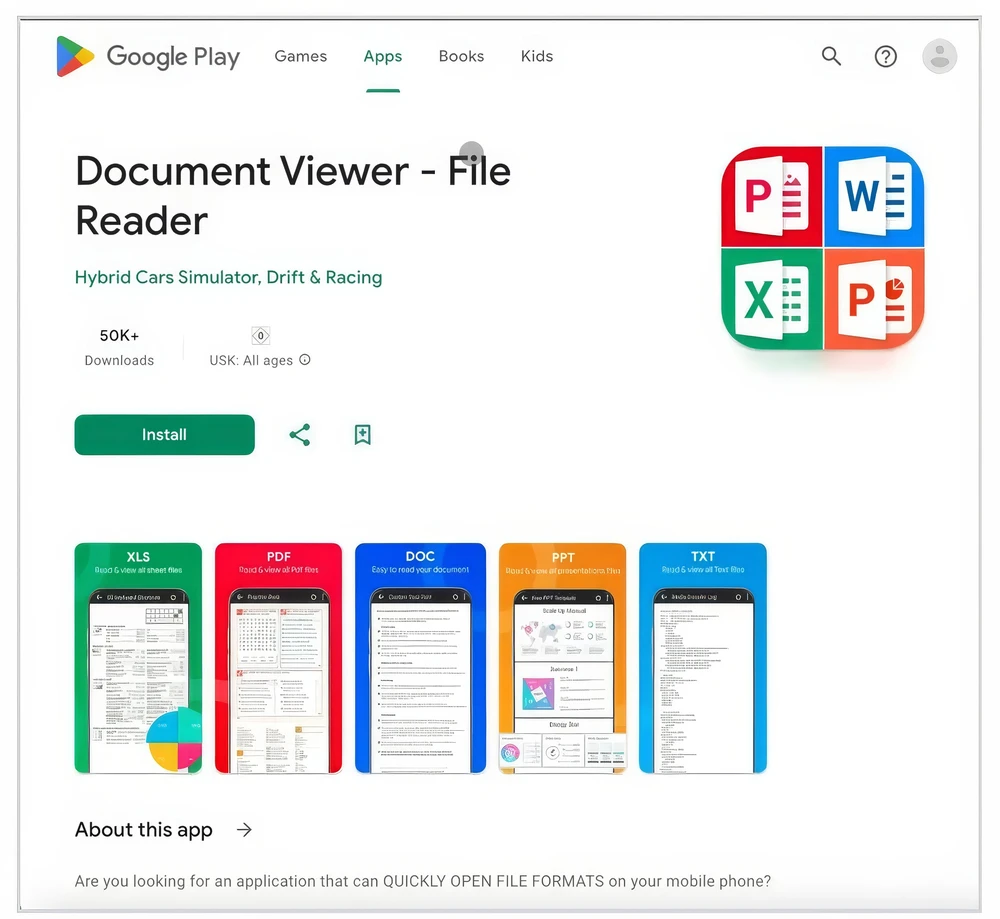 Ứng dụng độc hại Document Viewer - File Reader trên Google Play. Ảnh: ThreatFabric