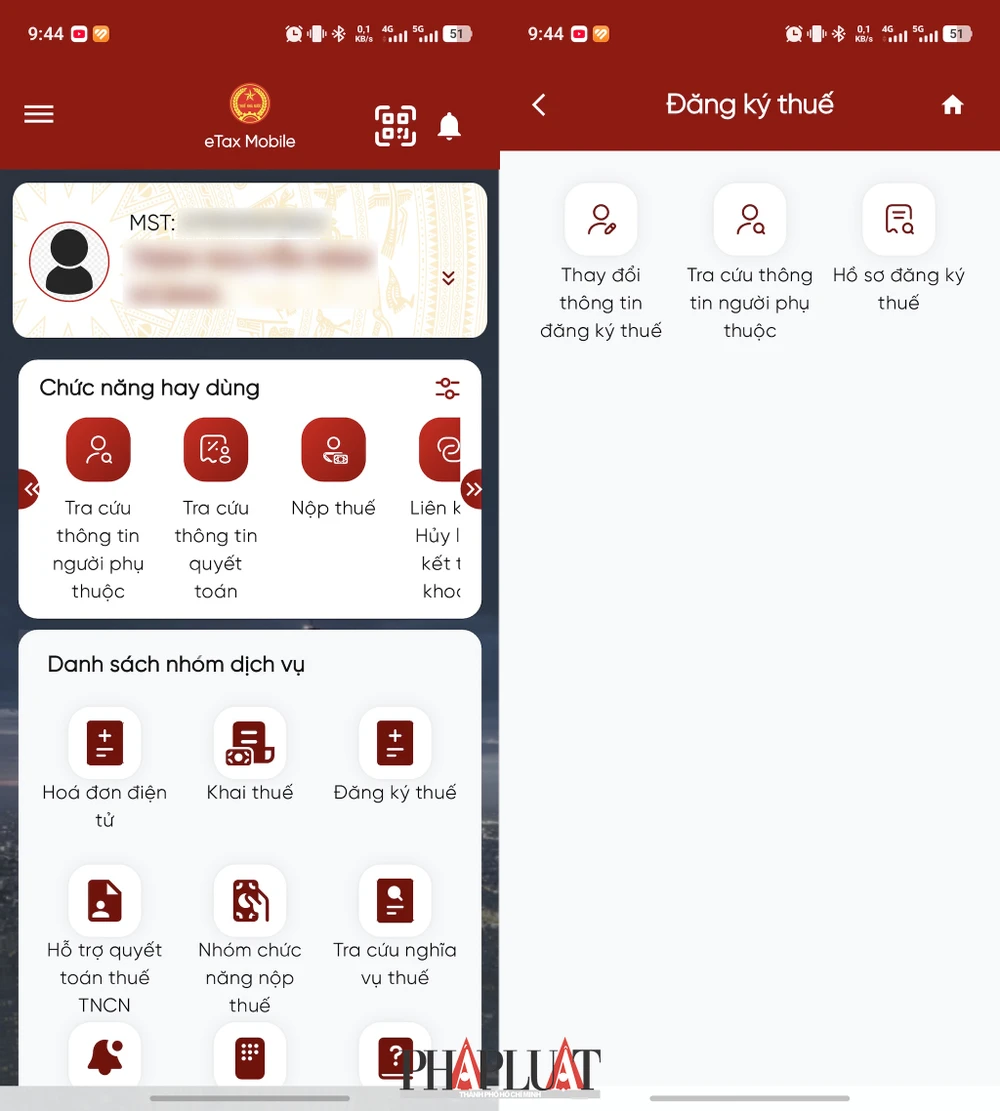Thay đổi thông tin đăng ký thuế trên eTax Mobile. Ảnh: MINH HOÀNG