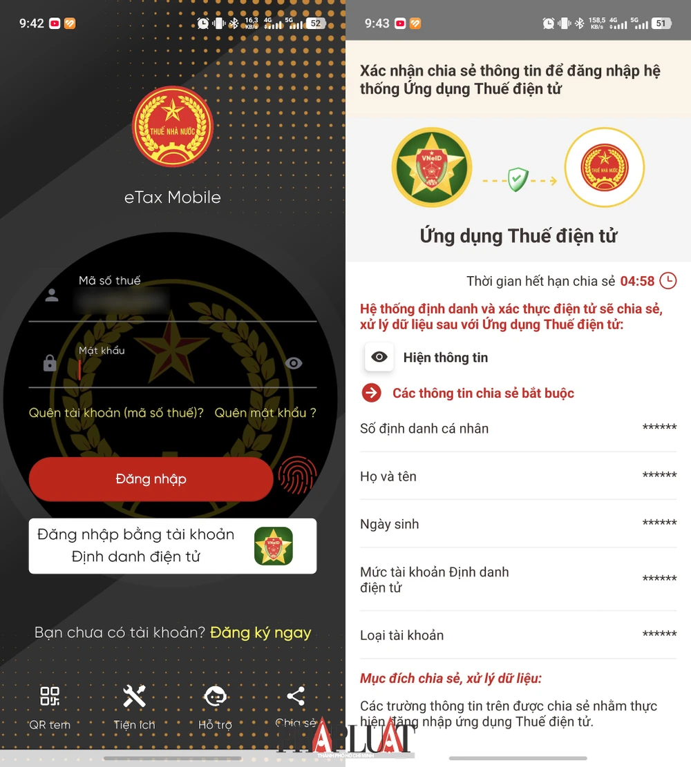 Đăng nhập eTax Mobile bằng tài khoản VNeID. Ảnh: MINH HOÀNG