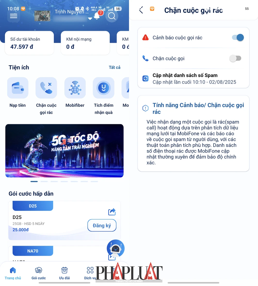Cách chặn cuộc gọi rác bằng ứng dụng My MobiFone. Ảnh: MINH HOÀNG