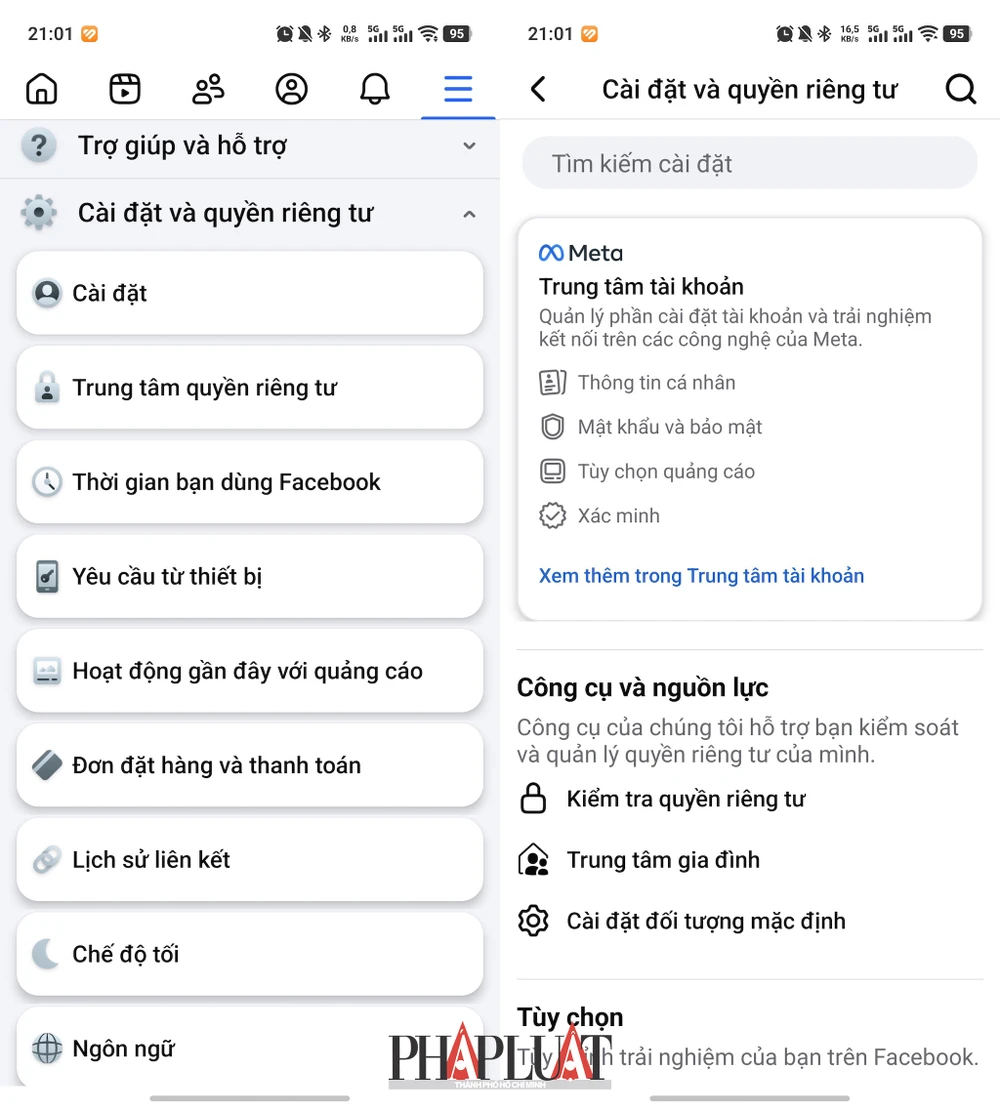 Cài đặt Facebook. Ảnh: MINH HOÀNG