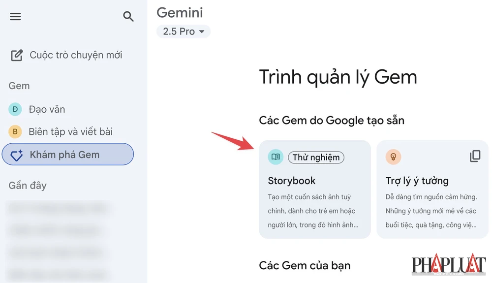Chọn tính năng Storybook trên Gemini để tạo sách truyện cho trẻ em. Ảnh: MINH HOÀNG