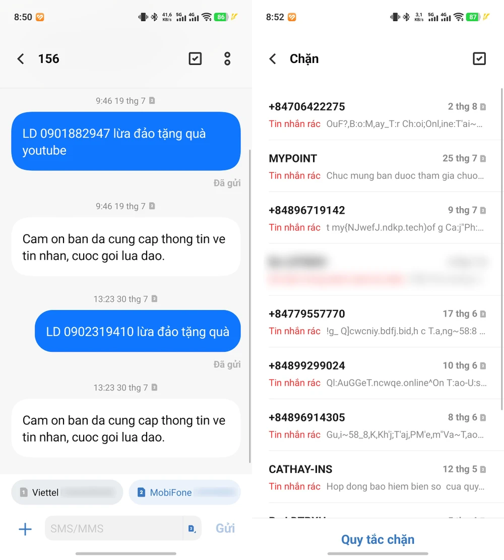 Báo cáo các tin nhắn, số điện thoại lừa đảo với nhà mạng hoặc thông qua tổng đài 156. Ảnh: TIỂU MINH