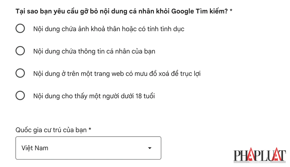 Điền biểu mẫu yêu cầu Google xóa thông tin cá nhân. Ảnh: TIỂU MINH