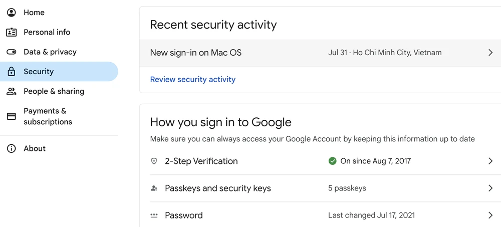 Bật xác thực 2 lớp cho tài khoản Google. Ảnh: MINH HOÀNG