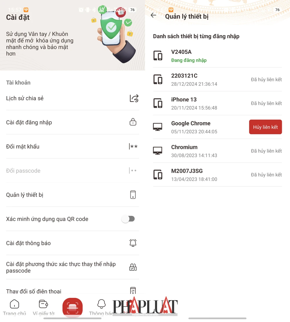 Hủy liên kết các thiết bị cũ đã đăng nhập ứng dụng VNeID trước đó. Ảnh: TIỂU MINH
