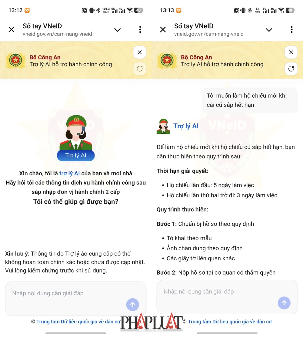Ứng dụng VNeID còn được tích hợp thêm trợ lý ảo AI để giải đáp các thắc mắc của người dân. Ảnh: MINH HOÀNG