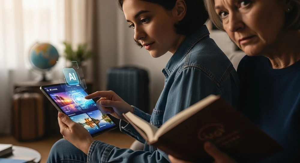 Người lớn tuổi vẫn e dè khi sử dụng AI để đặt tour du lịch. Ảnh: AI