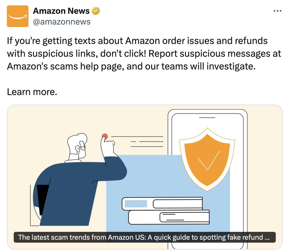 Amazon lên tiếng cảnh báo về các tin nhắn hoàn tiền giả mạo. Ảnh chụp màn hình