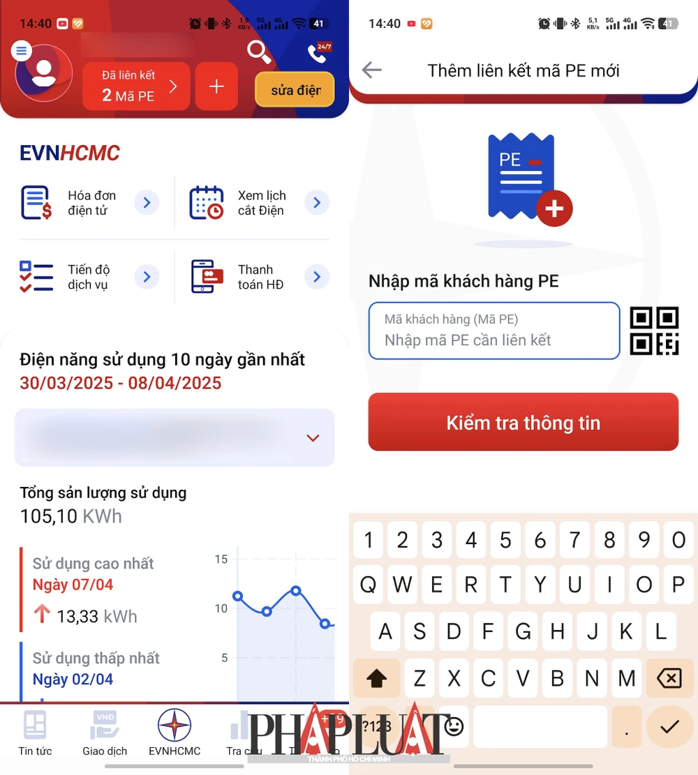 Thêm mã khách hàng PE vào ứng dụng của điện lực. Ảnh: MINH HOÀNG