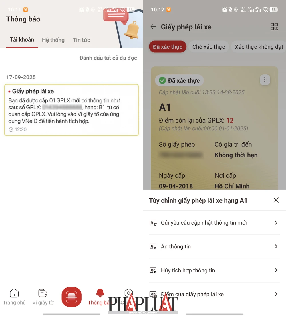Cập nhật thông tin GPLX mới trên ứng dụng VNeID. Ảnh: MINH HOÀNG