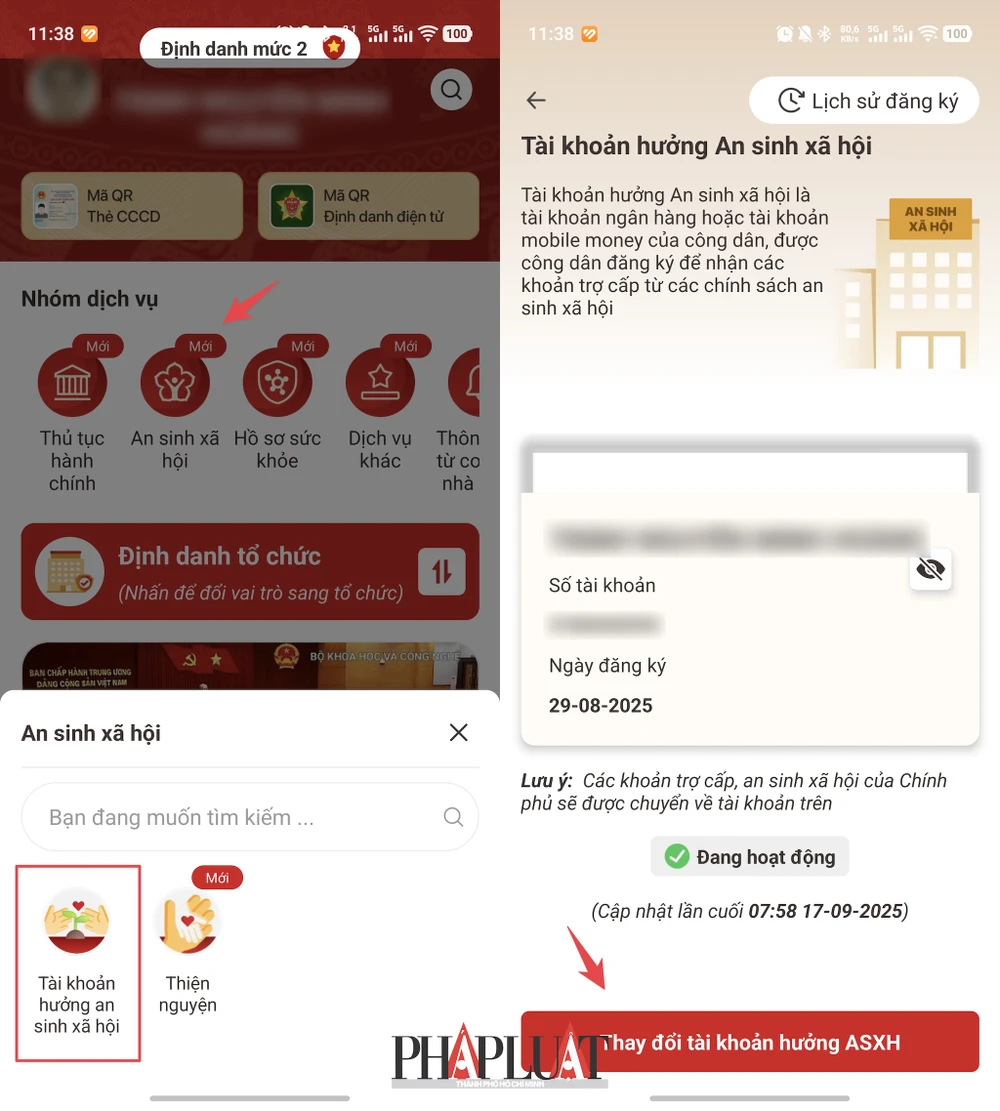 Thay đổi tài khoản hưởng an sinh xã hội trên ứng dụng VNeID. Ảnh: MINH HOÀNG