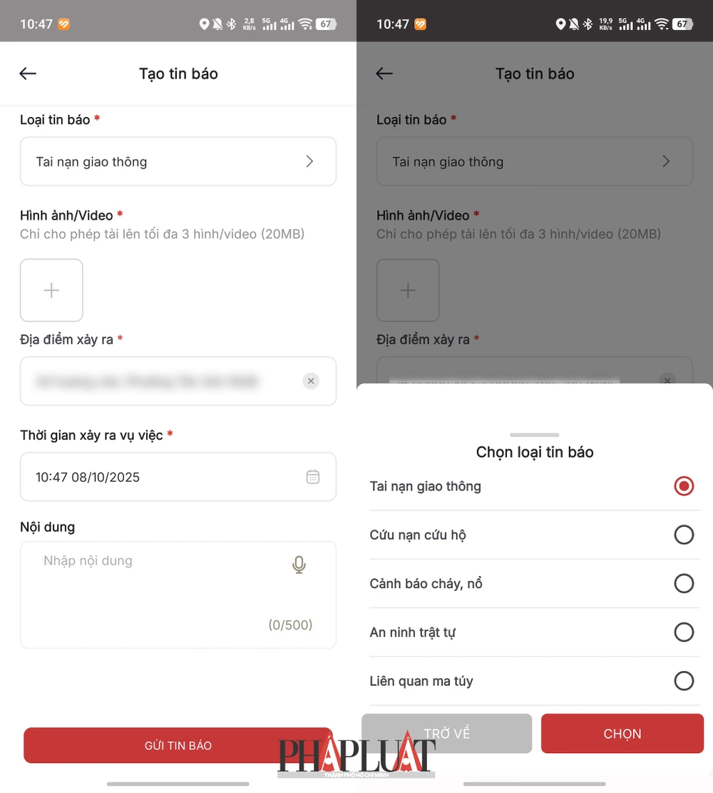 Cách báo cáo tai nạn giao thông, tố giác tội phạm trên ứng dụng SOS An ninh trật tự. Ảnh: MINH HOÀNG