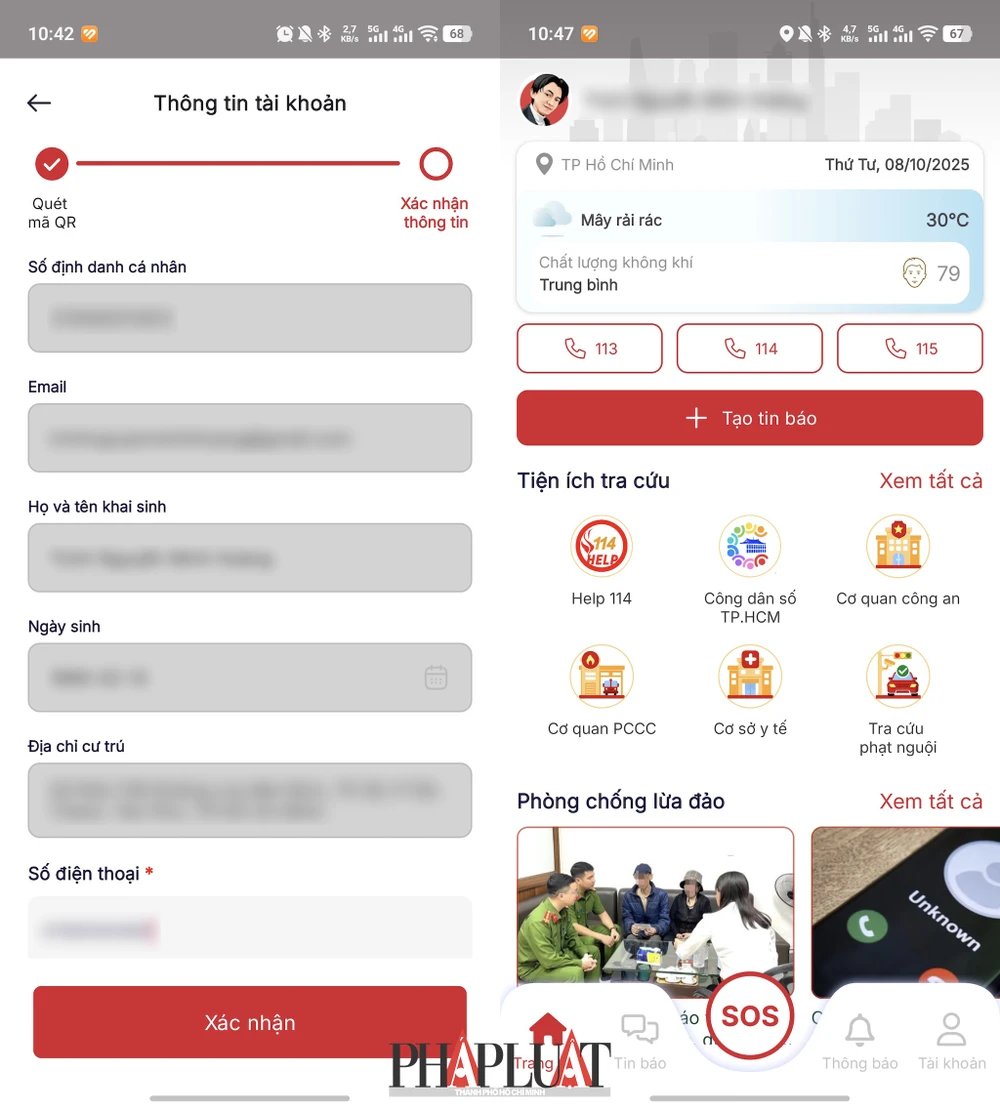 Đăng nhập vào ứng dụng SOS An ninh trật tự. Ảnh: MINH HOÀNG
