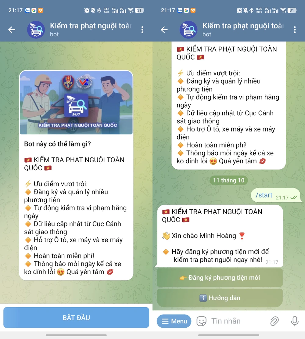 Kiểm tra phạt nguội toàn quốc trên Telegram. Ảnh: MINH HOÀNG
