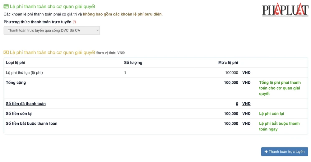 Đóng lệ phí cấp hộ chiếu online, gia hạn hộ chiếu sắp hết hạn. Ảnh: MINH HOÀNG