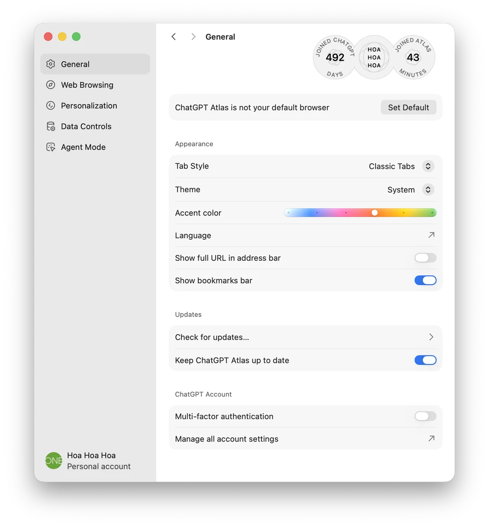 Bật Agent Mode trong phần cài đặt trình duyệt ChatGPT Atlas. Ảnh: MINH HOÀNG