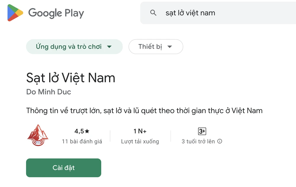 Ứng dụng Sạt lở Việt Nam hiện đang được cung cấp miễn phí trên Google Play và App Store. Ảnh: MINH HOÀNG