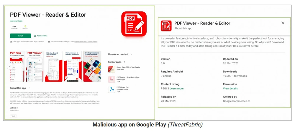Các ứng dụng giả mạo trình đọc PDF có chứa mã độc Anatsa đánh cắp tài khoản ngân hàng, người dùng nên gỡ ngay lập tức. Ảnh: ThreatFabric