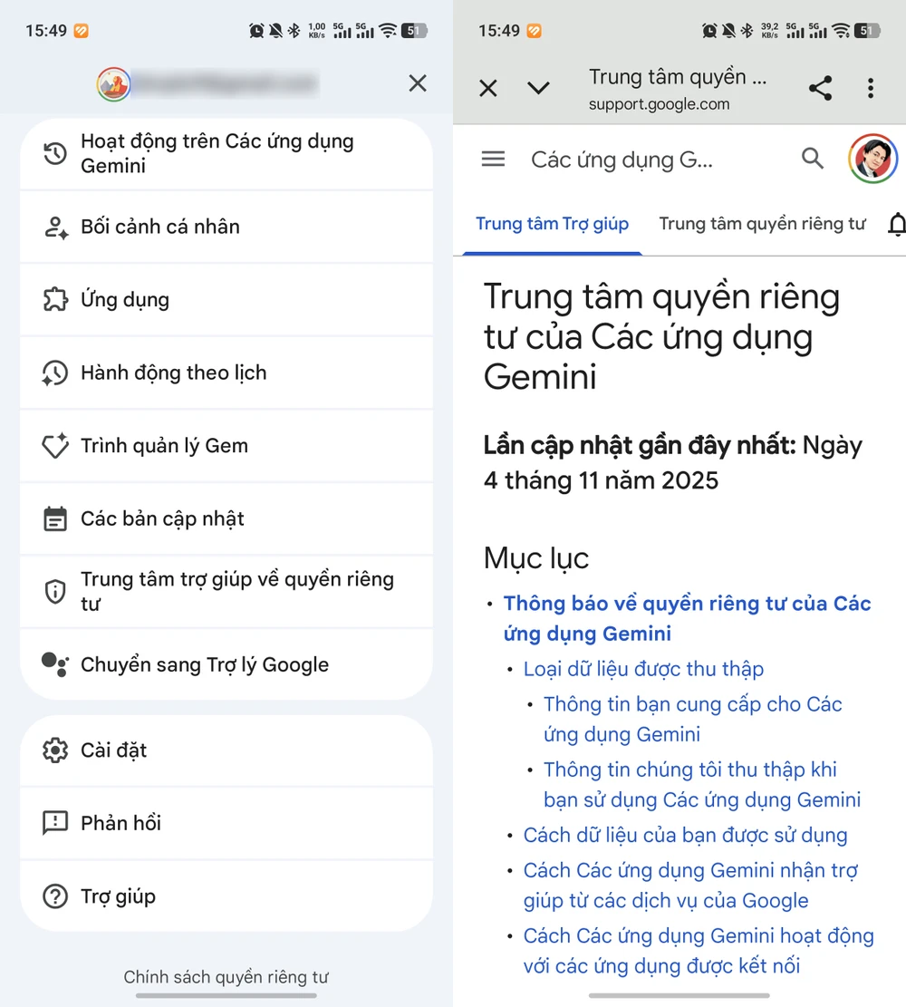 Thay đổi cài đặt quyền riêng tư trên ứng dụng Gemini. Ảnh: TIỂU MINH