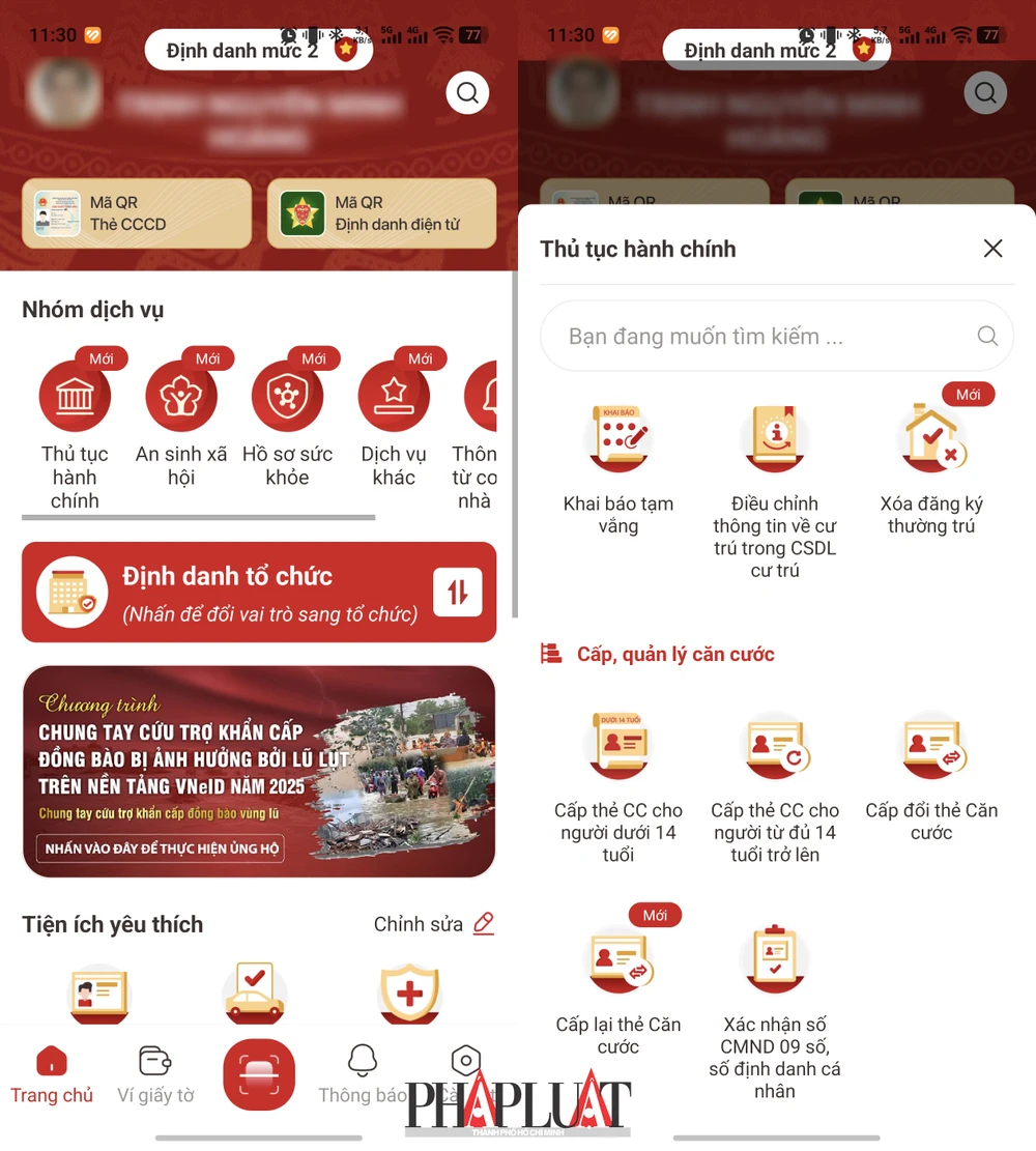 Chọn dịch vụ làm thẻ căn cước tương ứng trên ứng dụng VNeID. Ảnh: MINH HOÀNG