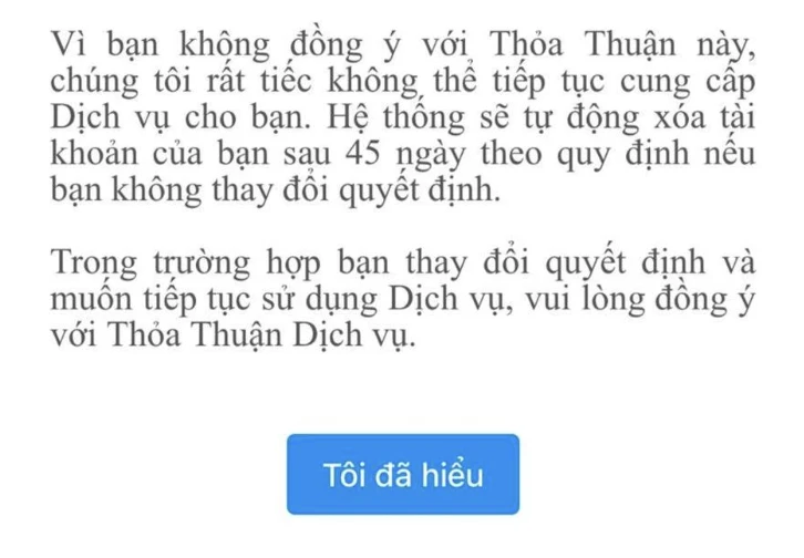 Zalo sẽ xóa tài khoản sau 45 ngày nếu người dùng không đồng ý với các điều khoản mới.