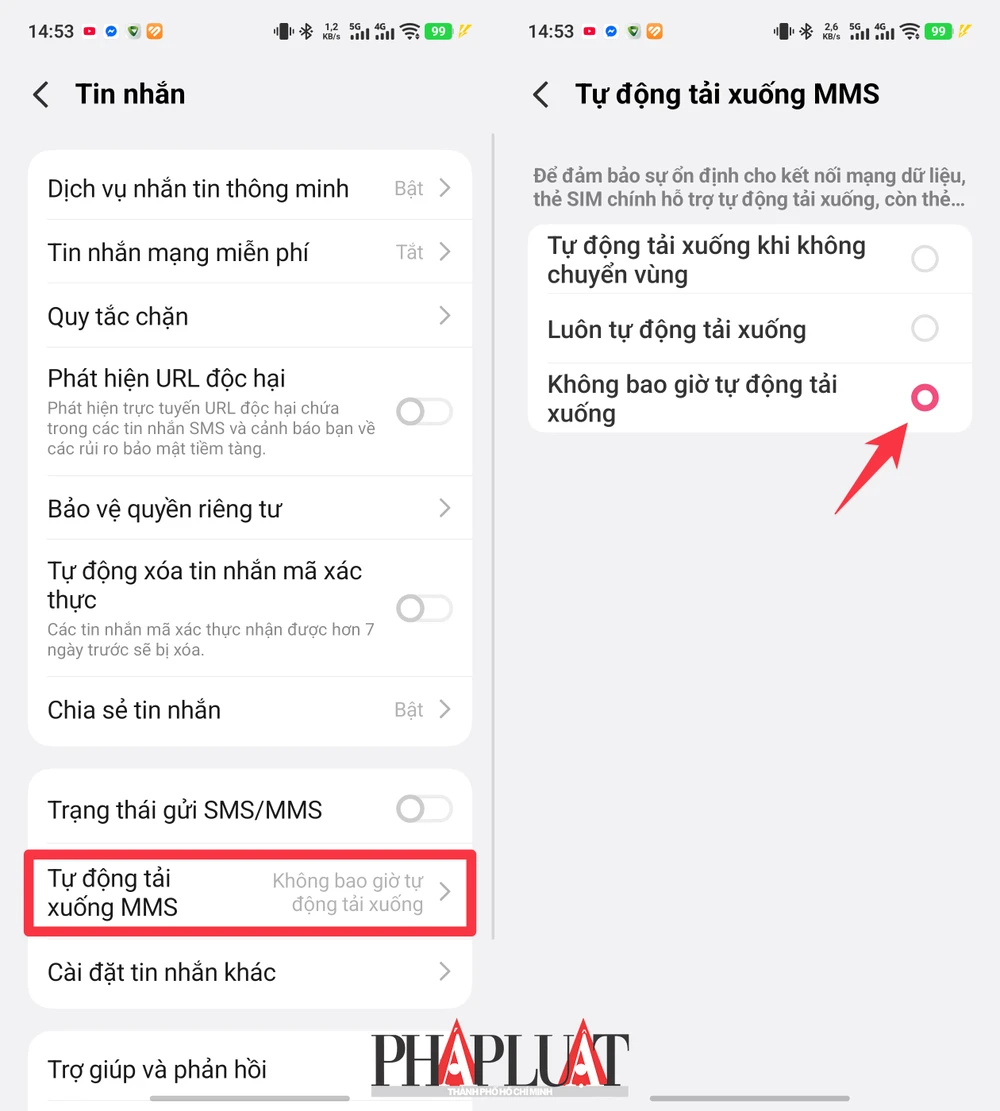 Tắt cài đặt tự động tải xuống MMS trên điện thoại Android. Ảnh: MINH HOÀNG