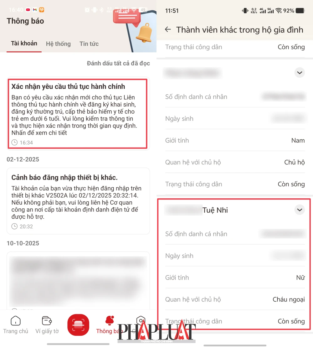 Kiểm tra thông tin của trẻ trong phần thông tin cư trú trên ứng dụng VNeID. Nếu có nghĩa là đăng ký thường trú thành công. Ảnh: MINH HOÀNG