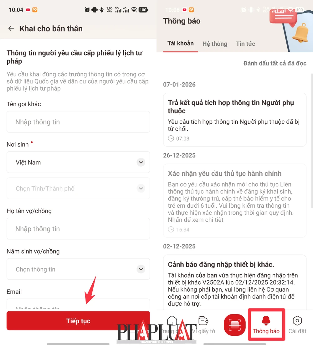 Khai báo thông tin và kiểm tra tiến độ trong phần thông báo của ứng dụng VNeID. Ảnh: MINH HOÀNG