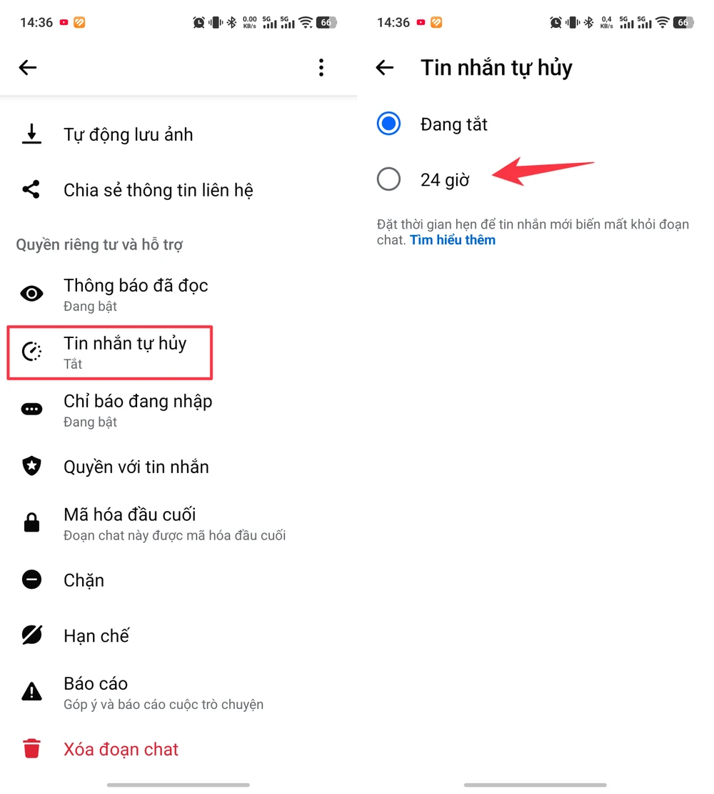 Thiết lập thời gian tự xóa tin nhắn trên Facebook Messenger. Ảnh: TIỂU MINH