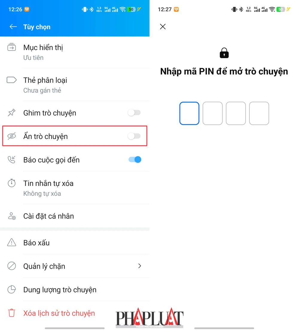 Tắt/bật tính năng ẩn trò chuyện trên Zalo. Ảnh: MINH HOÀNG