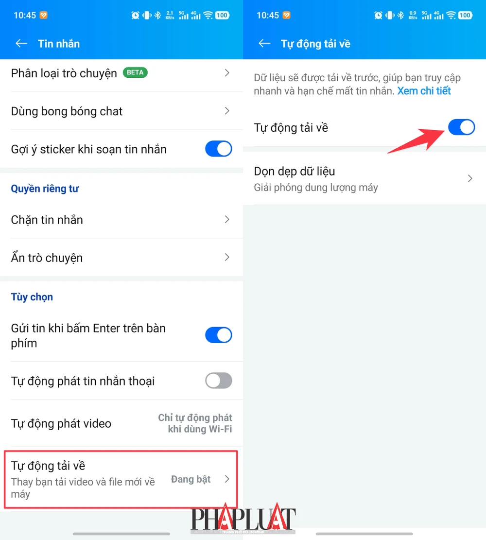 Tắt tính năng tự động tải về trên Zalo để tiết kiệm dung lượng bộ nhớ. Ảnh: MINH HOÀNG