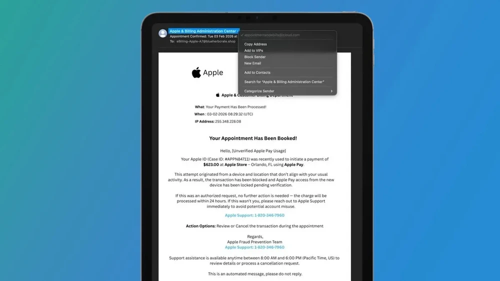 Email lừa đảo giả mạo thông báo từ Apple. Ảnh: Apple Insider