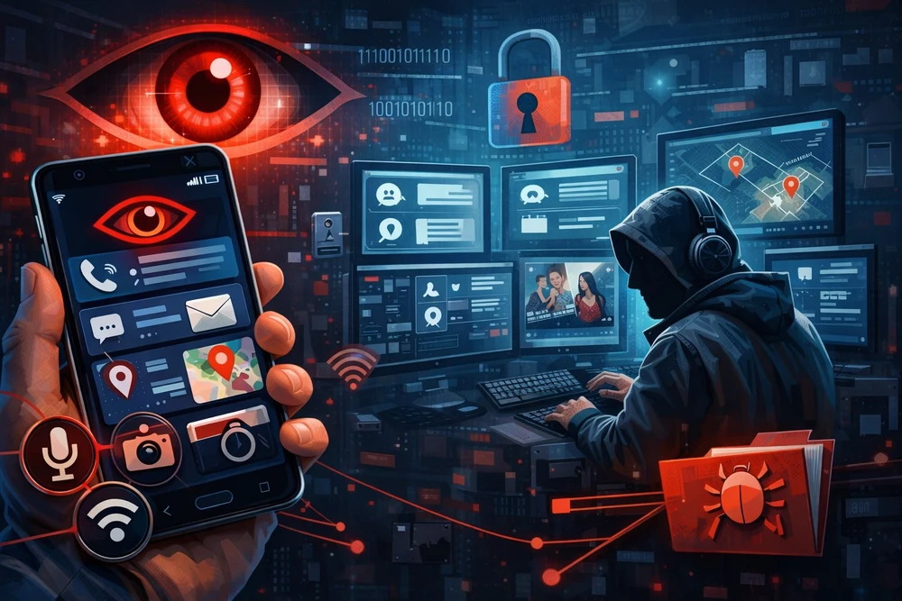 Phần mềm gián điệp nguy hiểm cho phép kẻ gian theo dõi điện thoại từ xa. Ảnh minh họa: AI