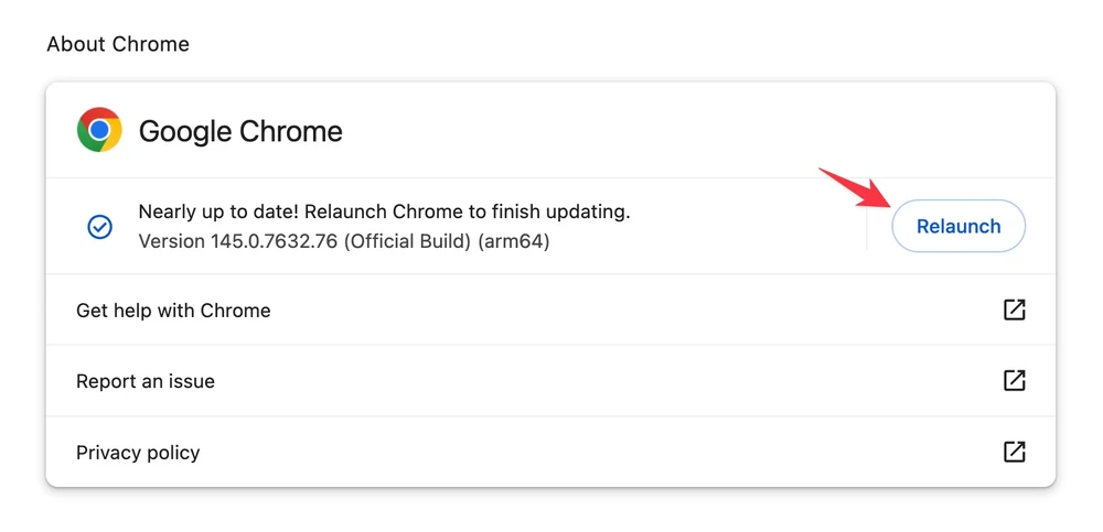 Cập nhật và khởi động lại trình duyệt Google Chrome để áp dụng các thay đổi. Ảnh: TIỂU MINH