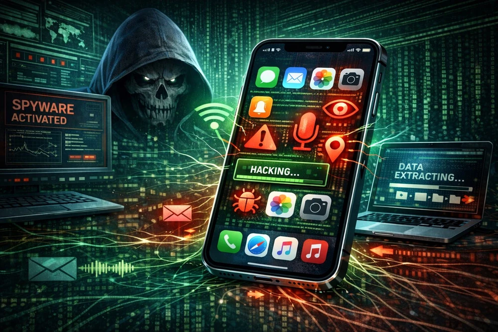 Phần mềm gián điệp có khả năng âm thầm theo dõi iPhone mà người dùng không hề hay biết. Ảnh minh họa: AI