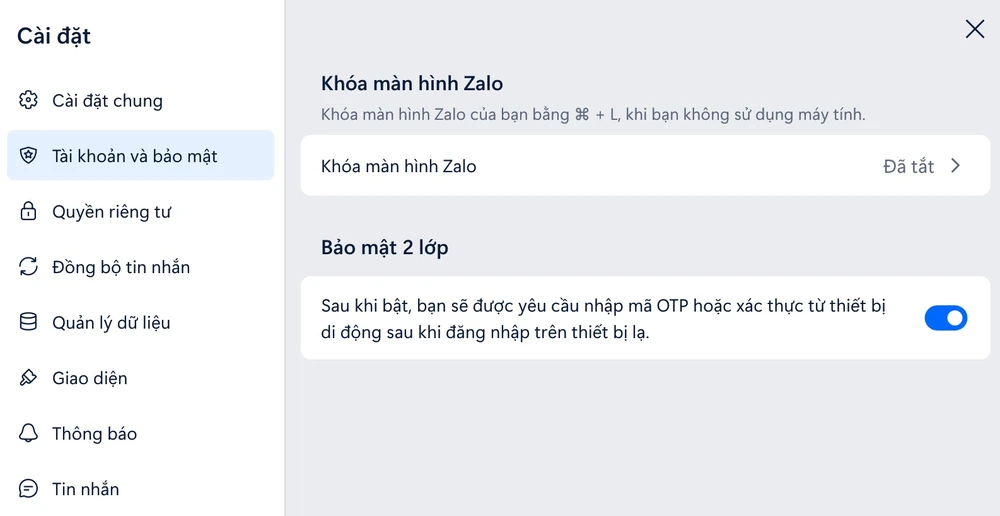 Cách bật xác thực 2 lớp trên Zalo. Ảnh: MINH HOÀNG