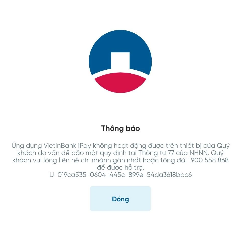 Ứng dụng ngân hàng bị chặn trên các thiết bị không đáp ứng tiêu chuẩn bảo mật.